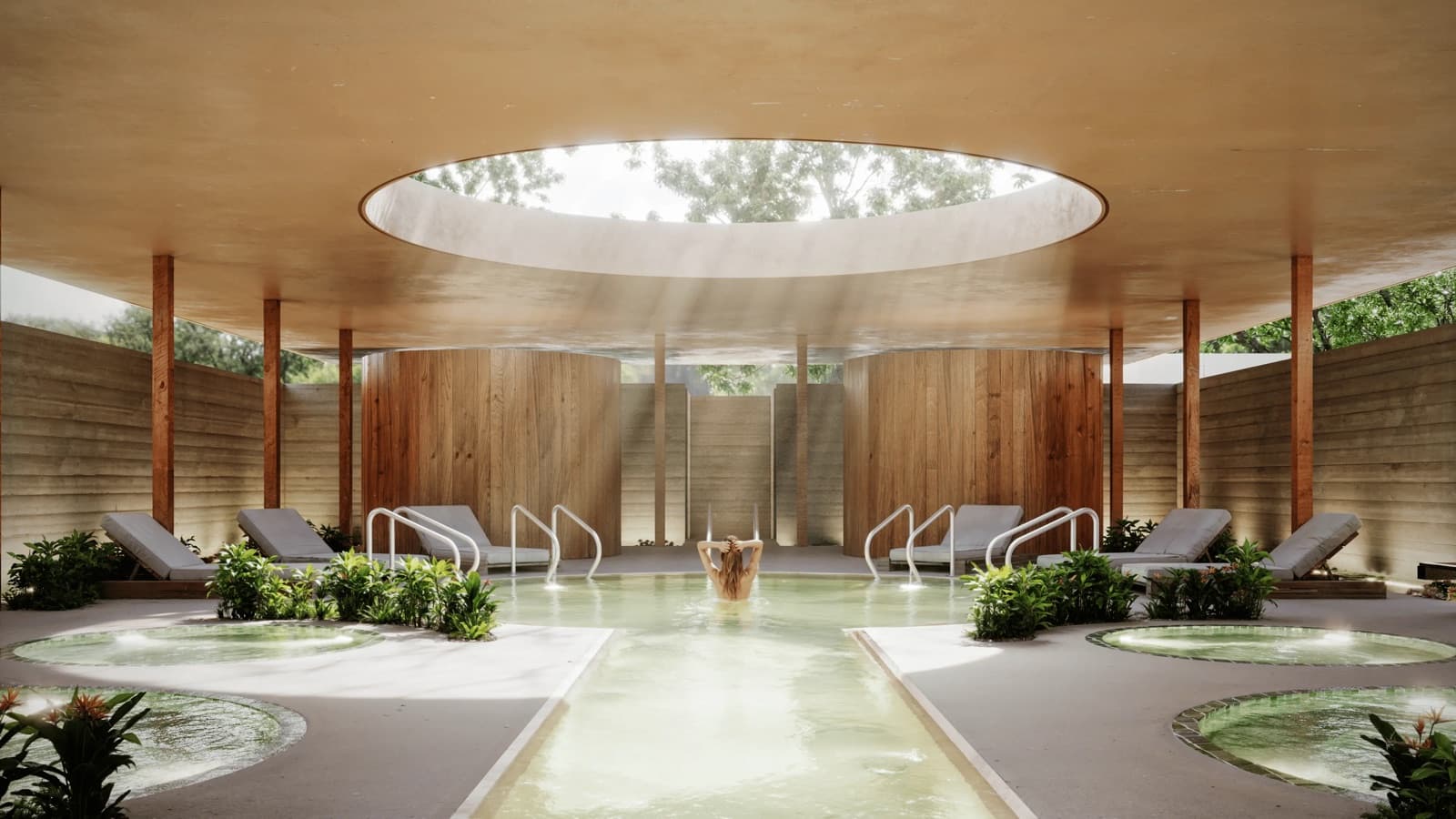 Casa club y alberca de un desarrollo residencial en la selva de Yucatán