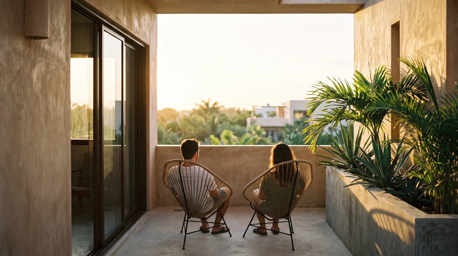 Pareja joven en la terraza de su hogar al atardecer en Yucatán